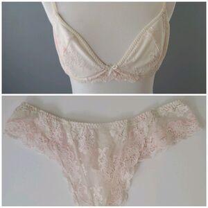 Victoria's Secret White Pink Floral Lace Vintage 34 C Bra Large Thong Panty Set